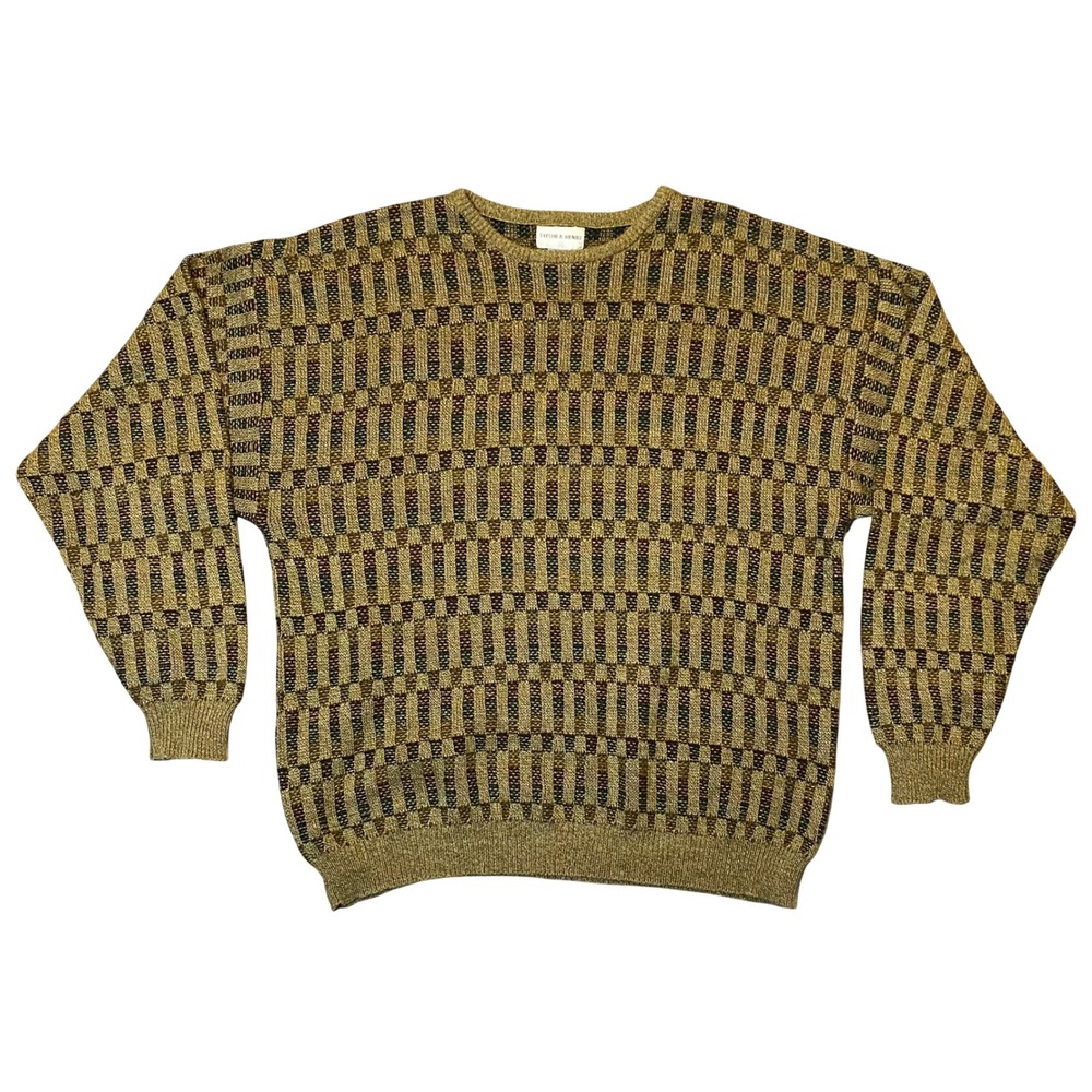 Taylor & Henry Mens XL Geometric Knit Crewneck Sweater Olive Tan Multi Acrylic‎